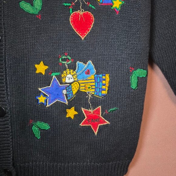 Vtg QUACKER FACTORY Black Cardigan Sweater Holiday Christmas Angels Holly Stars - Picture 7 of 11
